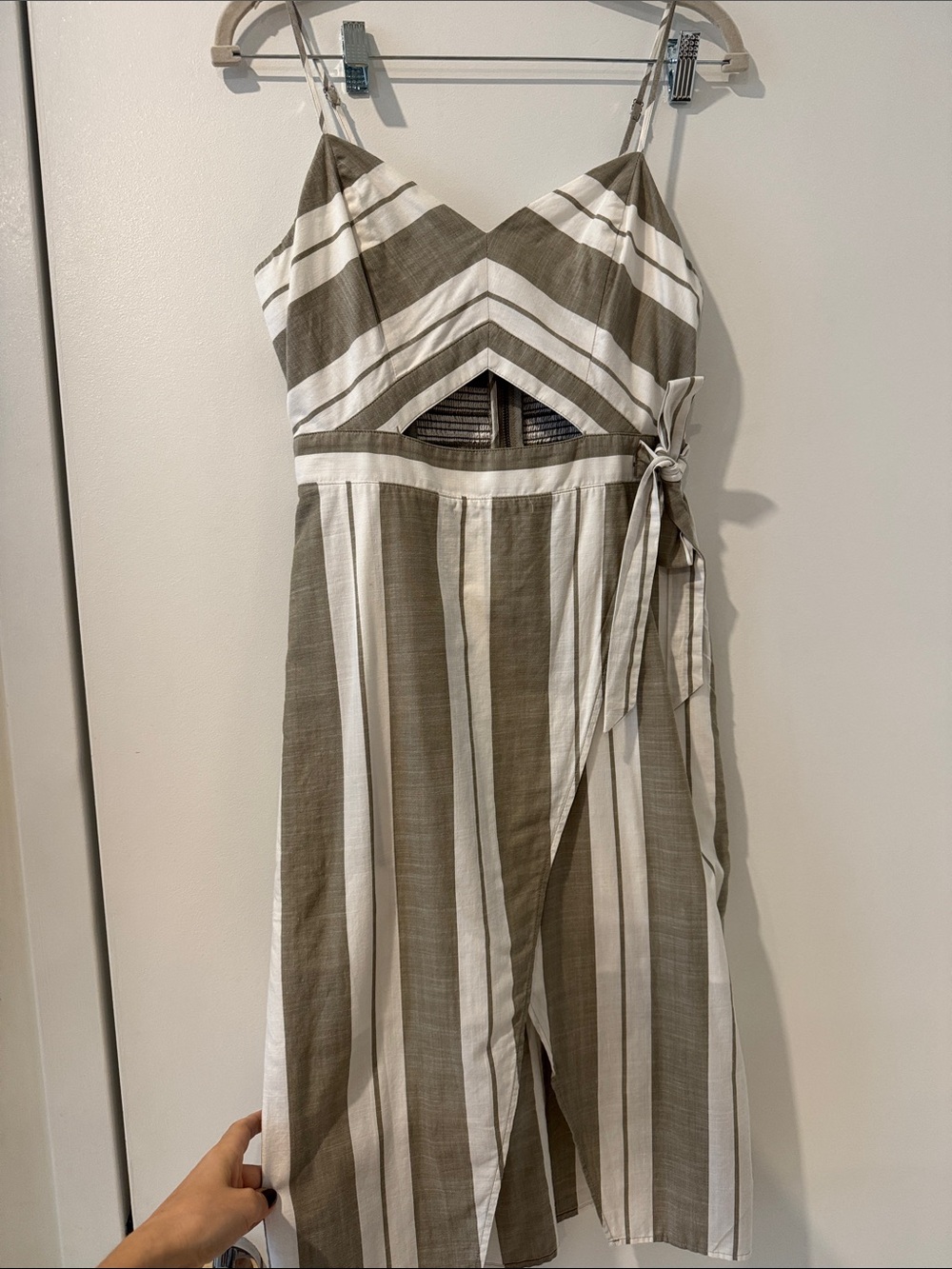 EXPRESS Striped Olive & White Wrap Jumpsuit